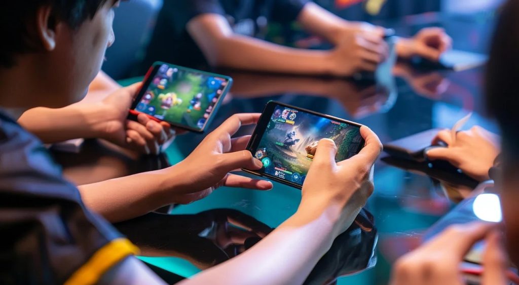 smartphone in hands of a gamer playing videogames